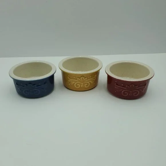 Pfaltzgraff Weir In Your Kitchen Chicory Cayenne Fennel Ramekins Blue Red Gold - Picture 2 of 8